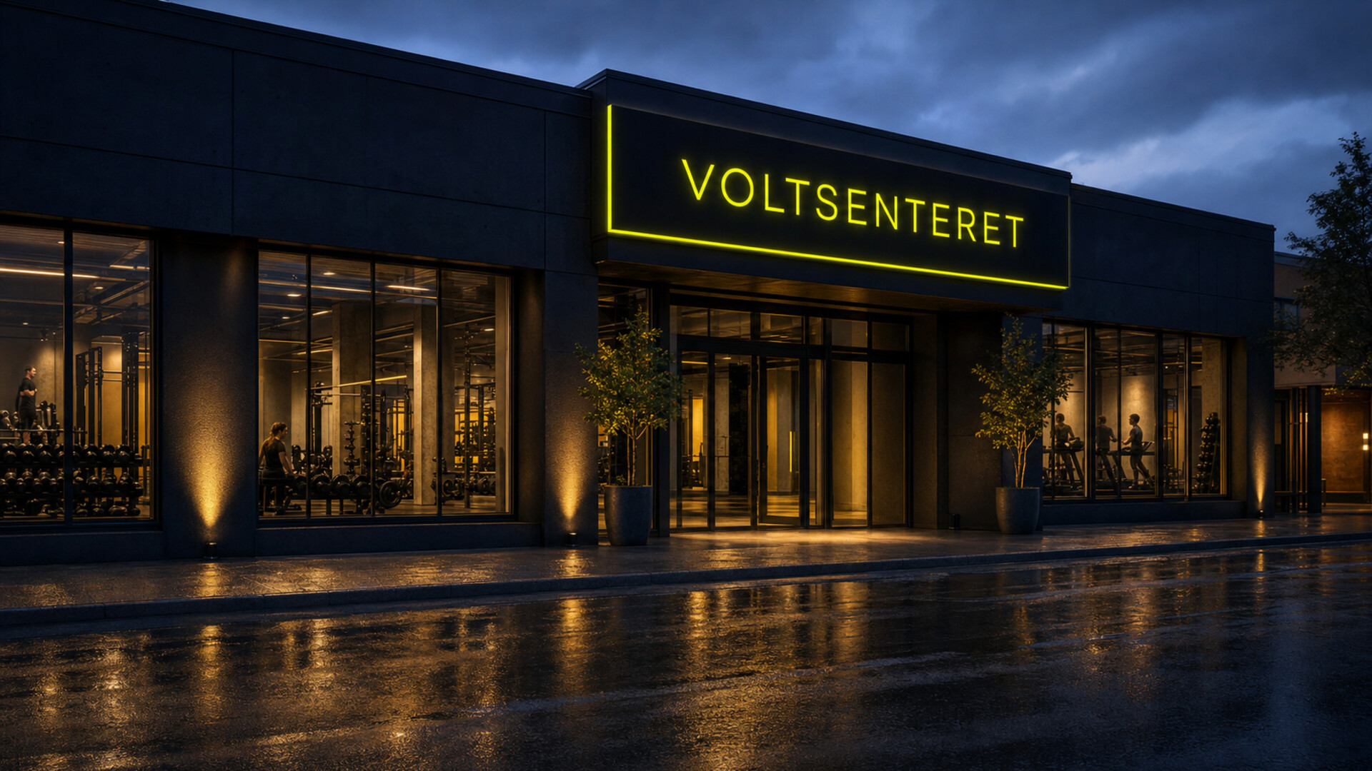 Treningssenterets fasade på Verftet i skumringen