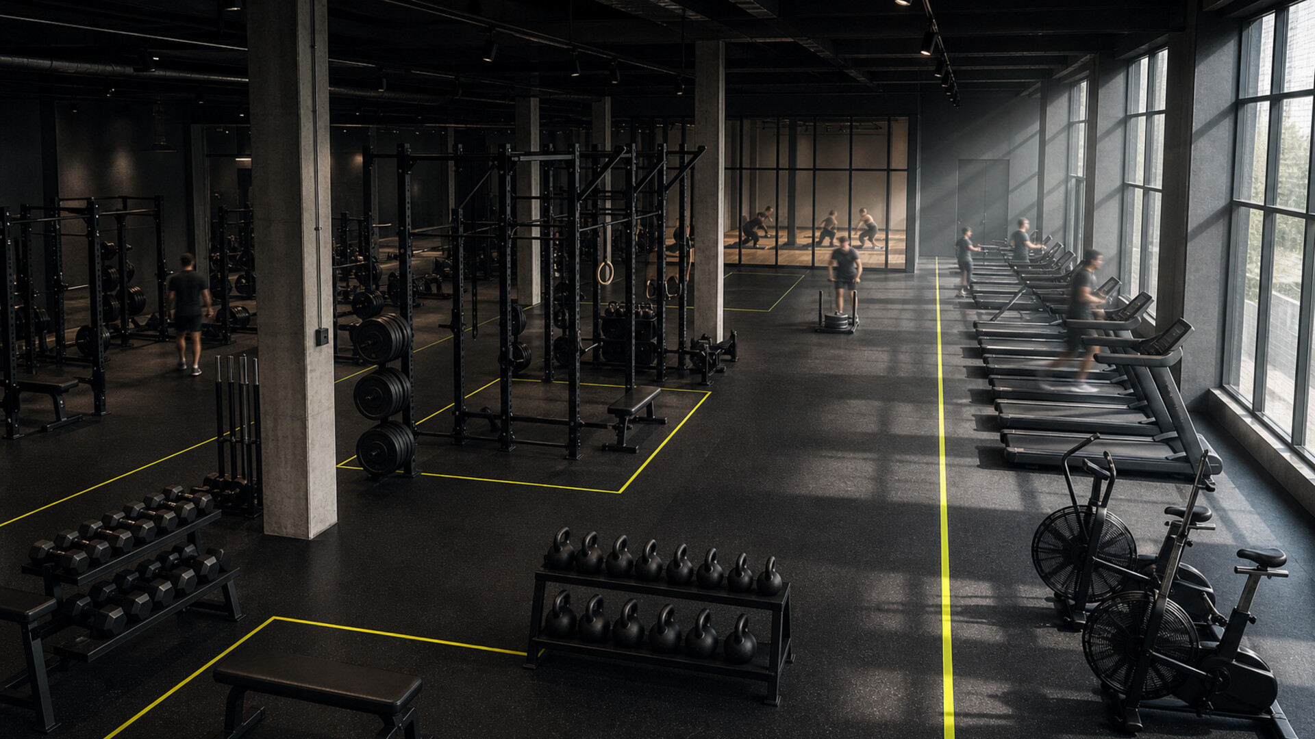 Oversiktsbilde av treningssenterets lokale med frie vekter og cardio